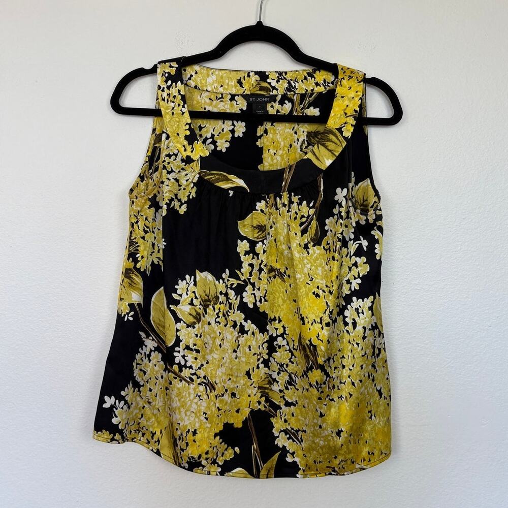 St. John Floral Bright All Over Print Silk Career Wear Blouse Small